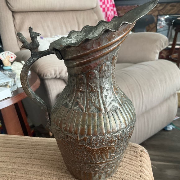 Antique possibly 19th-century hand-crafted copper water jug made in Persia